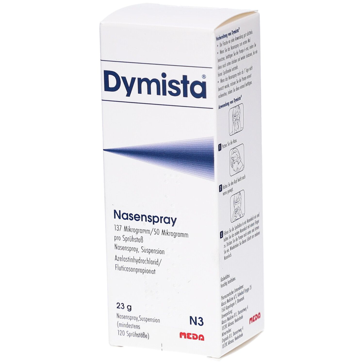 Weiße Schachtel mit "Dymista"-Logo und Produktinformationen. Enthält Nasenspray, 23g, N3. Meda-Logo.