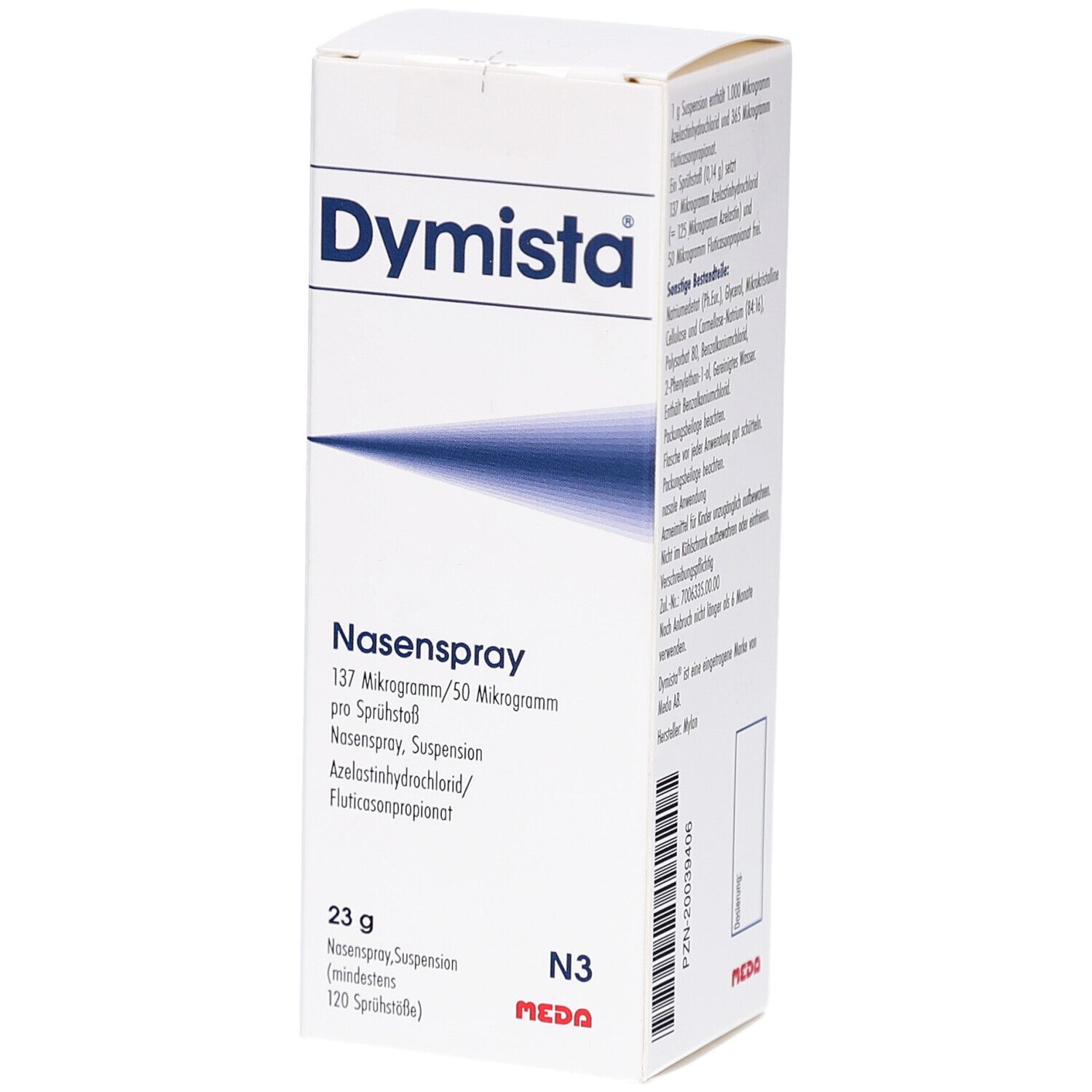 Weiße Schachtel mit "Dymista"-Logo und Produktinformationen. Enthält Nasenspray, 23g, N3. Meda-Logo.