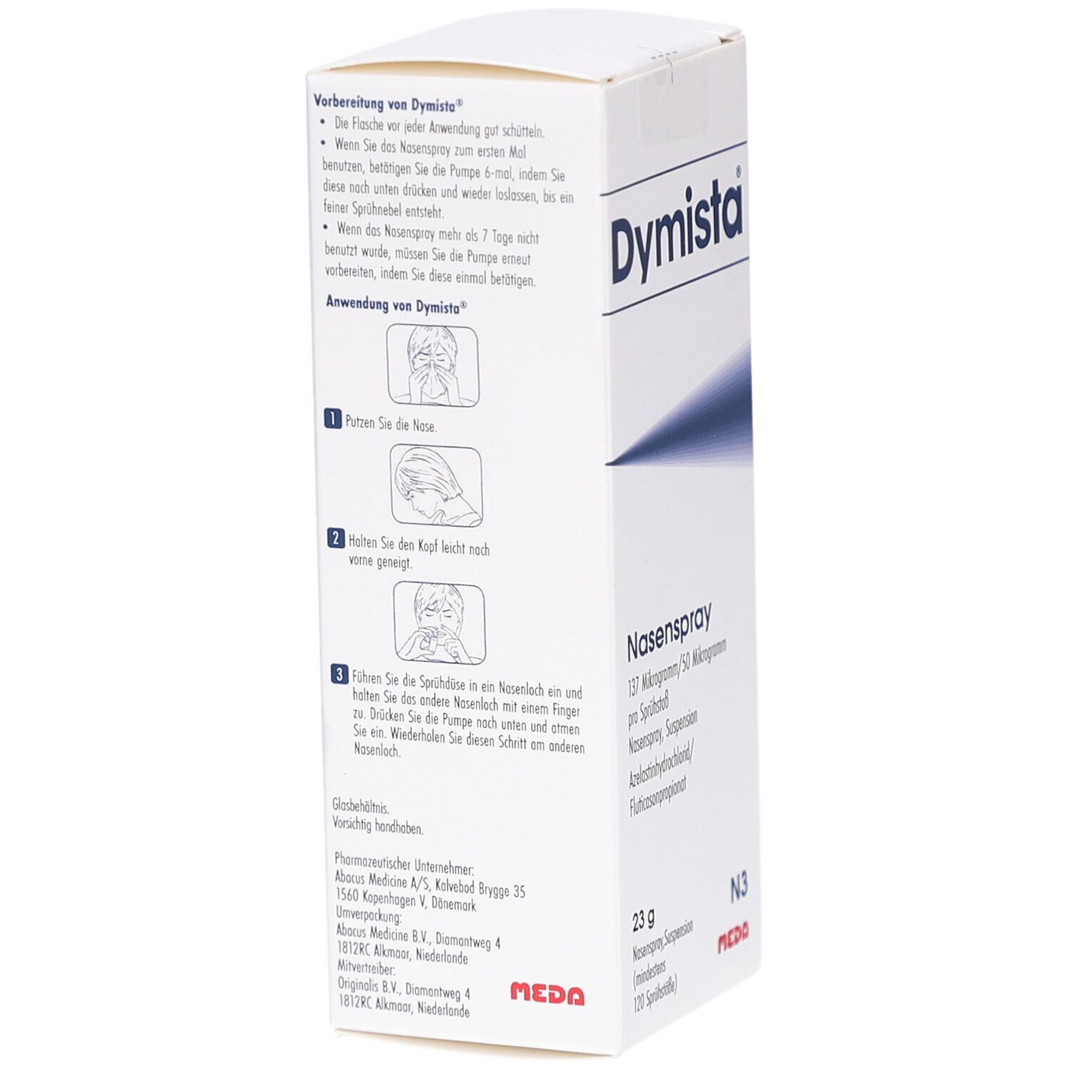 Weiße Schachtel mit "Dymista"-Logo und Anwendungsanleitung. Enthält Nasenspray, 23g, N3. Meda-Logo.
