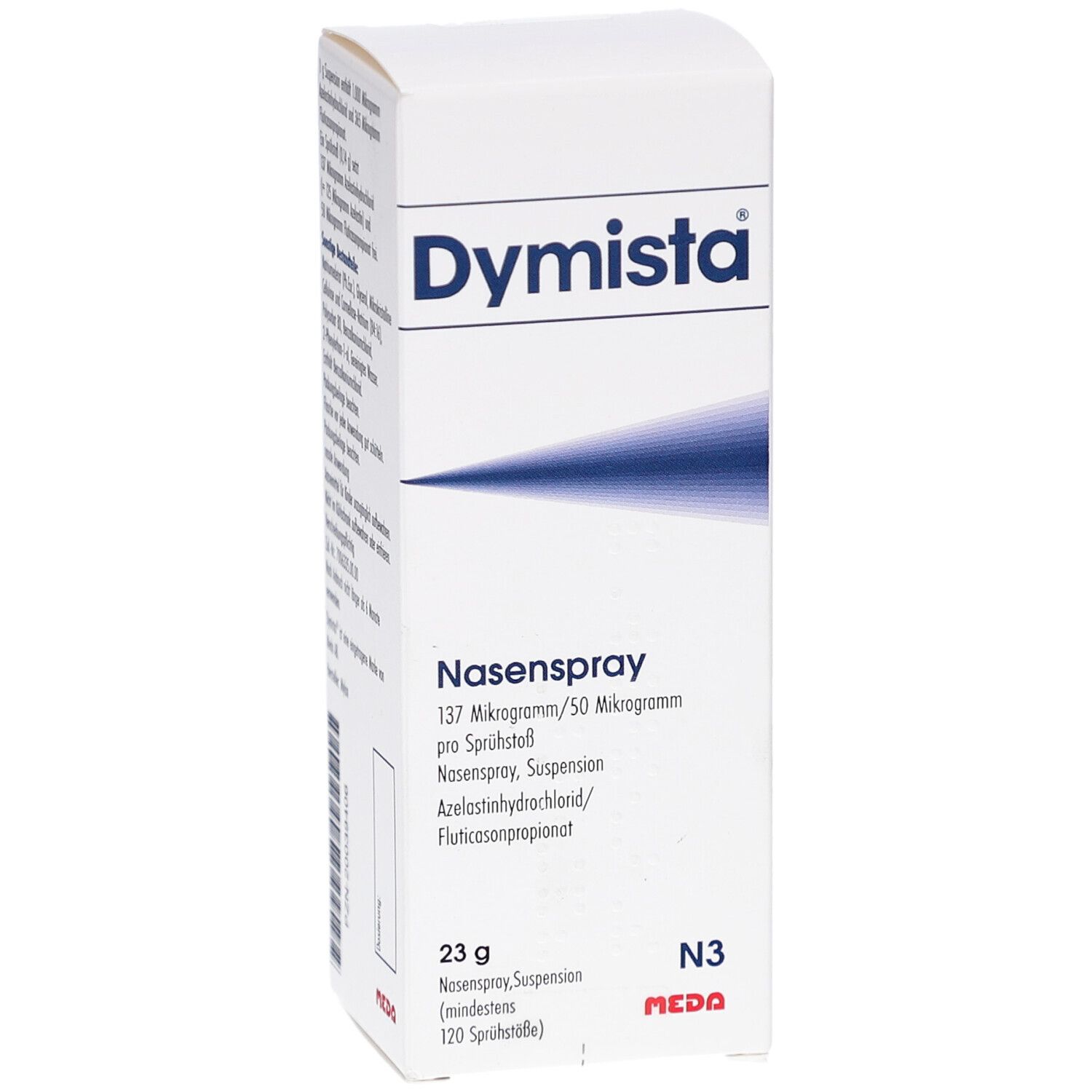 Weiße Schachtel mit "Dymista"-Logo und Produktinformationen. Enthält Nasenspray, 23g, N3. Meda-Logo.