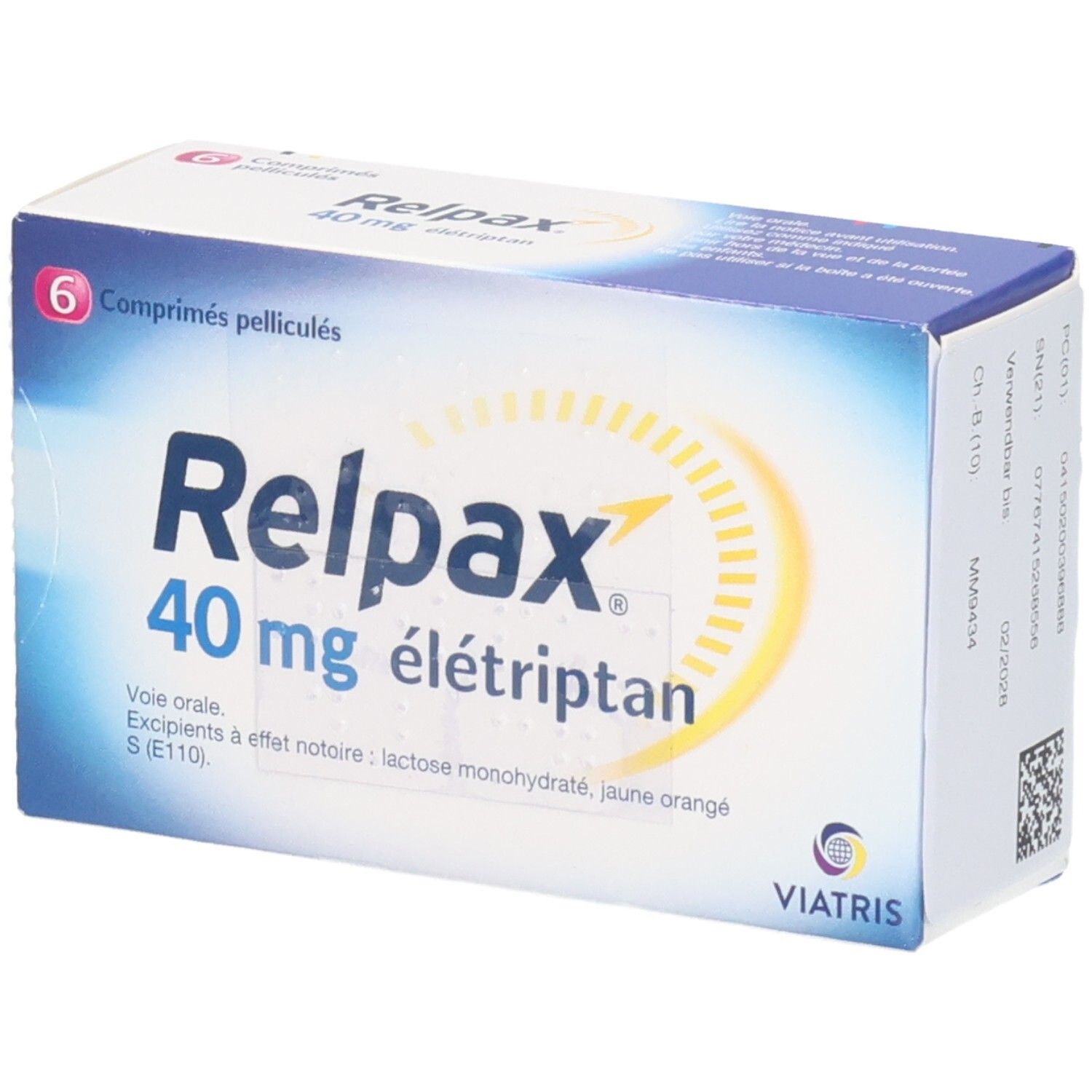 Schachtel RELPAX 40 mg Filmtabletten. 6 Tabletten. Aufschrift: 40 mg, elétriptan. Viatris Logo.