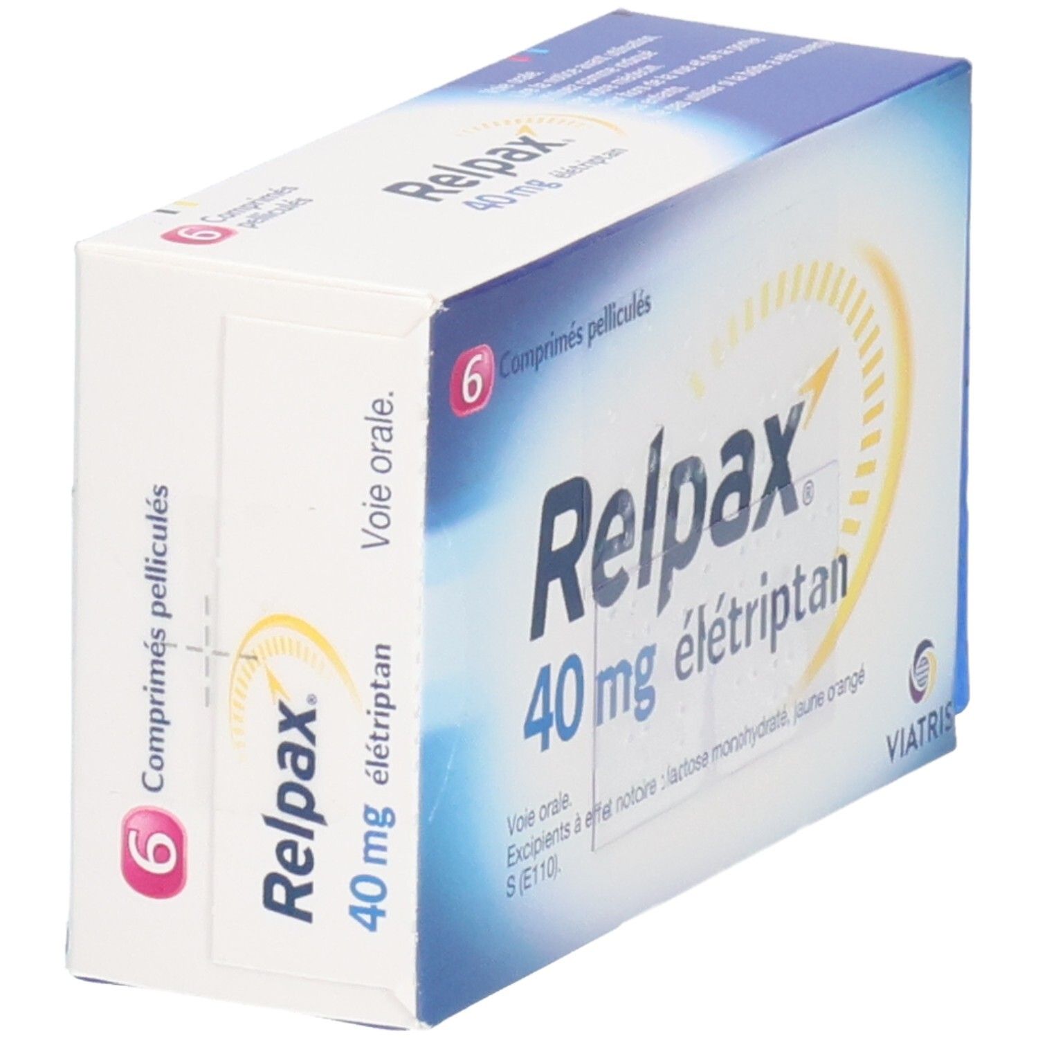 Schachtel RELPAX 40 mg Filmtabletten. 6 Tabletten. Aufschrift: 40 mg, elétriptan. Viatris Logo.