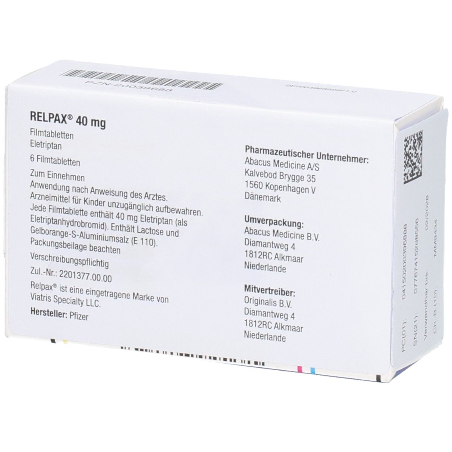 Rückseite der Schachtel RELPAX 40 mg Filmtabletten. Text: RELPAX 40 mg, 6 Filmtabletten. Herstellerinformationen.
