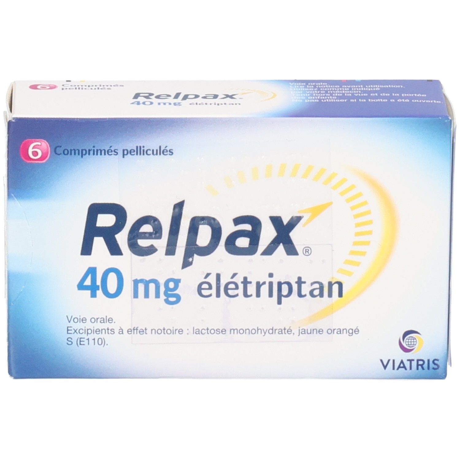 Schachtel RELPAX 40 mg Filmtabletten. 6 Tabletten. Aufschrift: 40 mg, elétriptan. Viatris Logo.