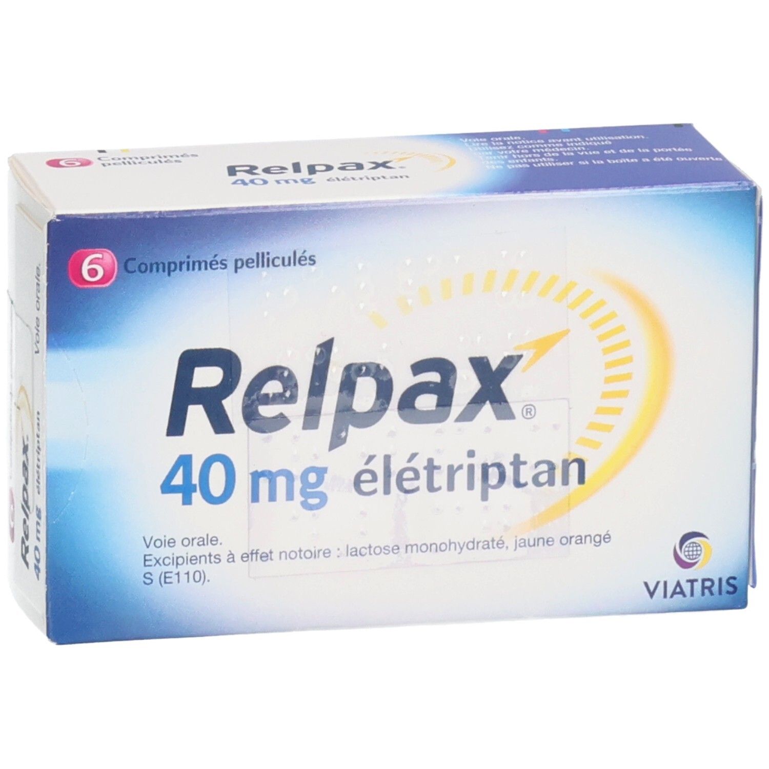 Schachtel RELPAX 40 mg Filmtabletten. 6 Tabletten. Aufschrift: 40 mg, elétriptan. Viatris Logo.