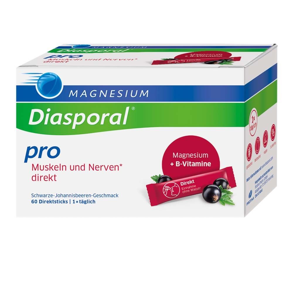 Schachtel Magnesium-Diasporal pro. Direktsticks, 60 Stück. Grün, weiß, blau. Schwarze Johannisbeere. Mit B-Vitaminen.