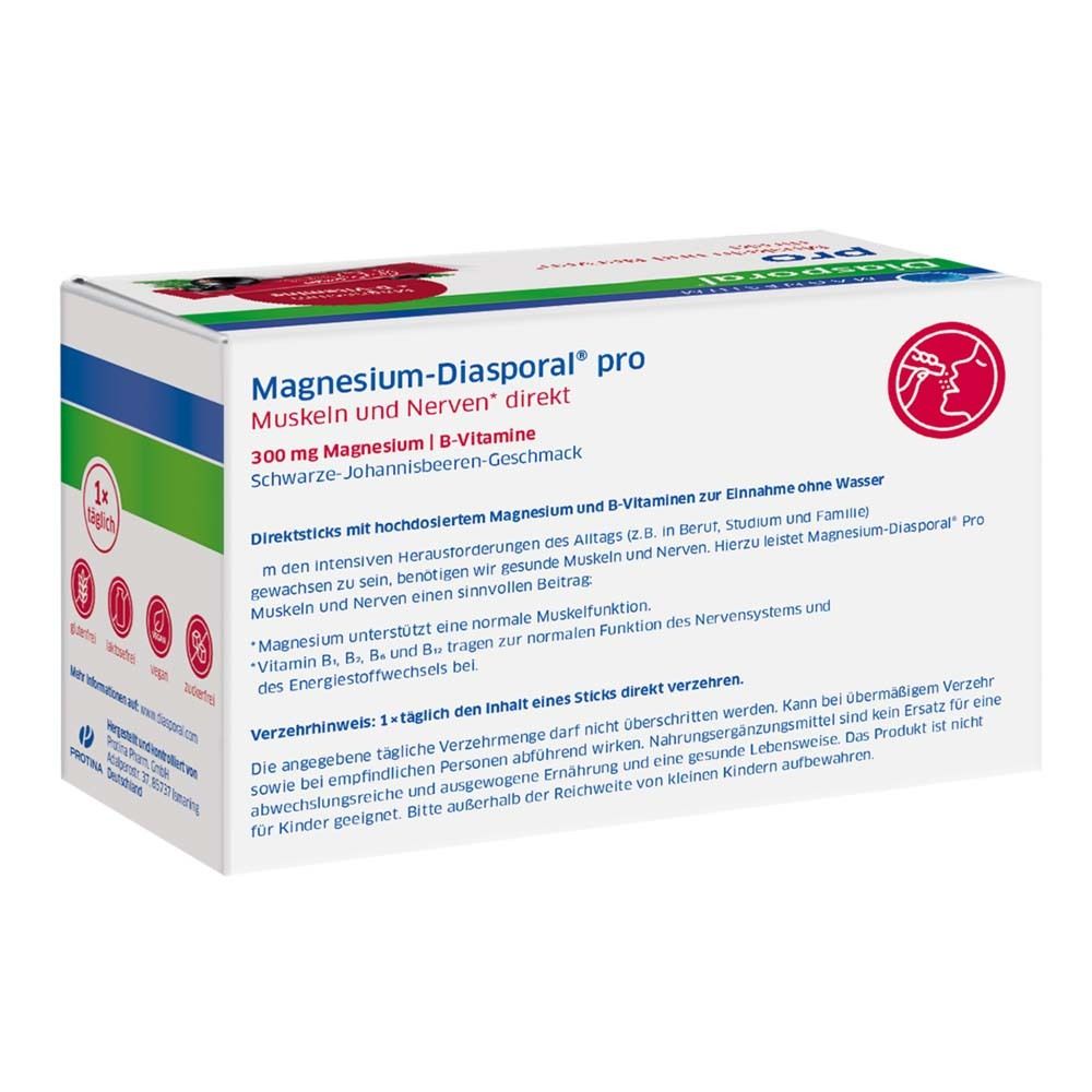 Rückseite der Schachtel Magnesium-Diasporal pro. Text über Inhaltsstoffe, Dosierung und Anwendung. Weißer Hintergrund.