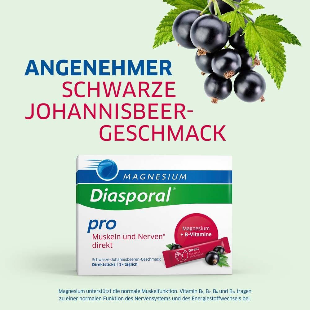 Schwarze Johannisbeeren und Schachtel Magnesium-Diasporal pro. Text: Angenehmer Geschmack. Grün, weiß.
