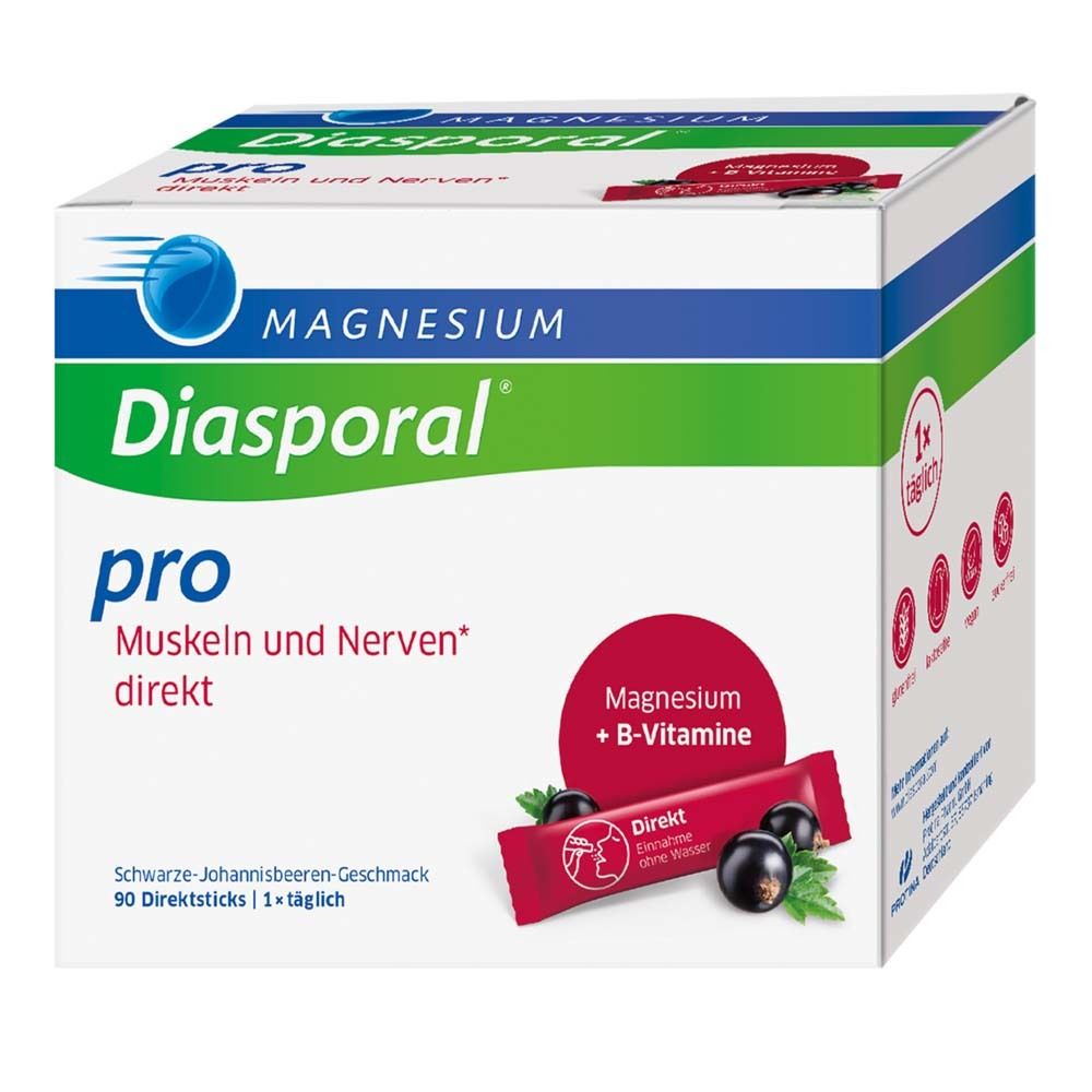 Schachtel Magnesium-Diasporal pro. Direktsticks, 90 Stück. Rote Sticks, schwarze Johannisbeere. Enthält Magnesium und B-Vitamine.