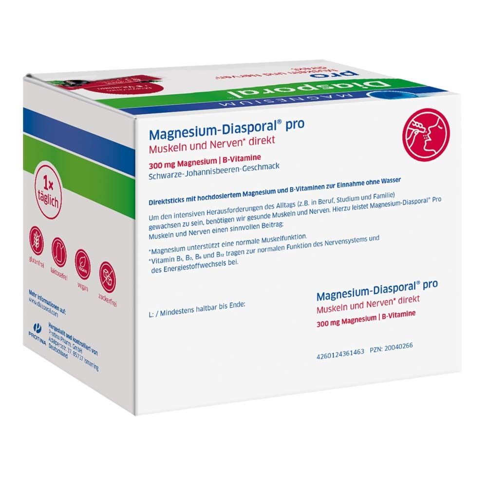 Magnesium-Diasporal pro Schachtel. 300 mg Magnesium, B-Vitamine. Direktsticks. Schwarze Johannisbeere. Text auf der Verpackung.
