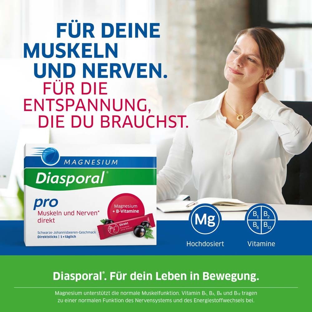 Frau mit Hand am Hals. Text: Magnesium-Diasporal pro für Muskeln und Nerven. Hochdosiert. B-Vitamine. Schwarze Johannisbeere.