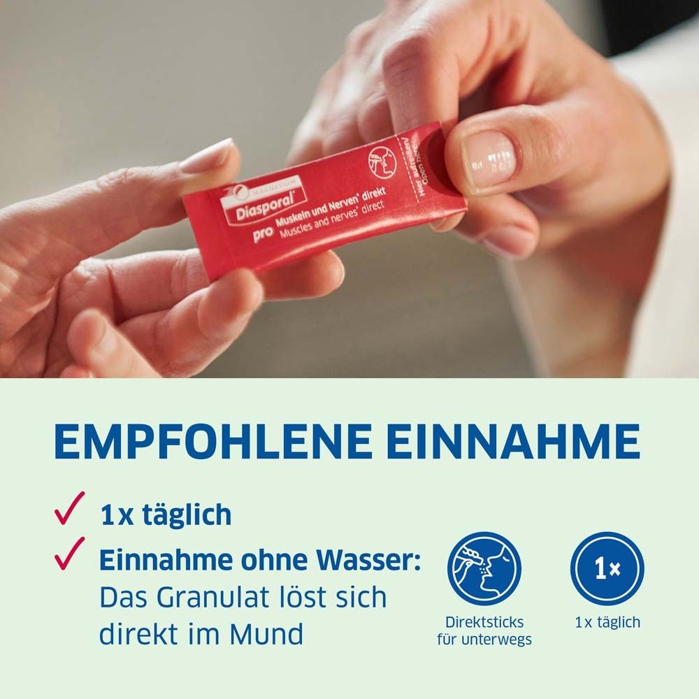 Hand reicht roten Stick. Text: Empfohlene Einnahme: 1x täglich, ohne Wasser. Direktsticks für unterwegs.