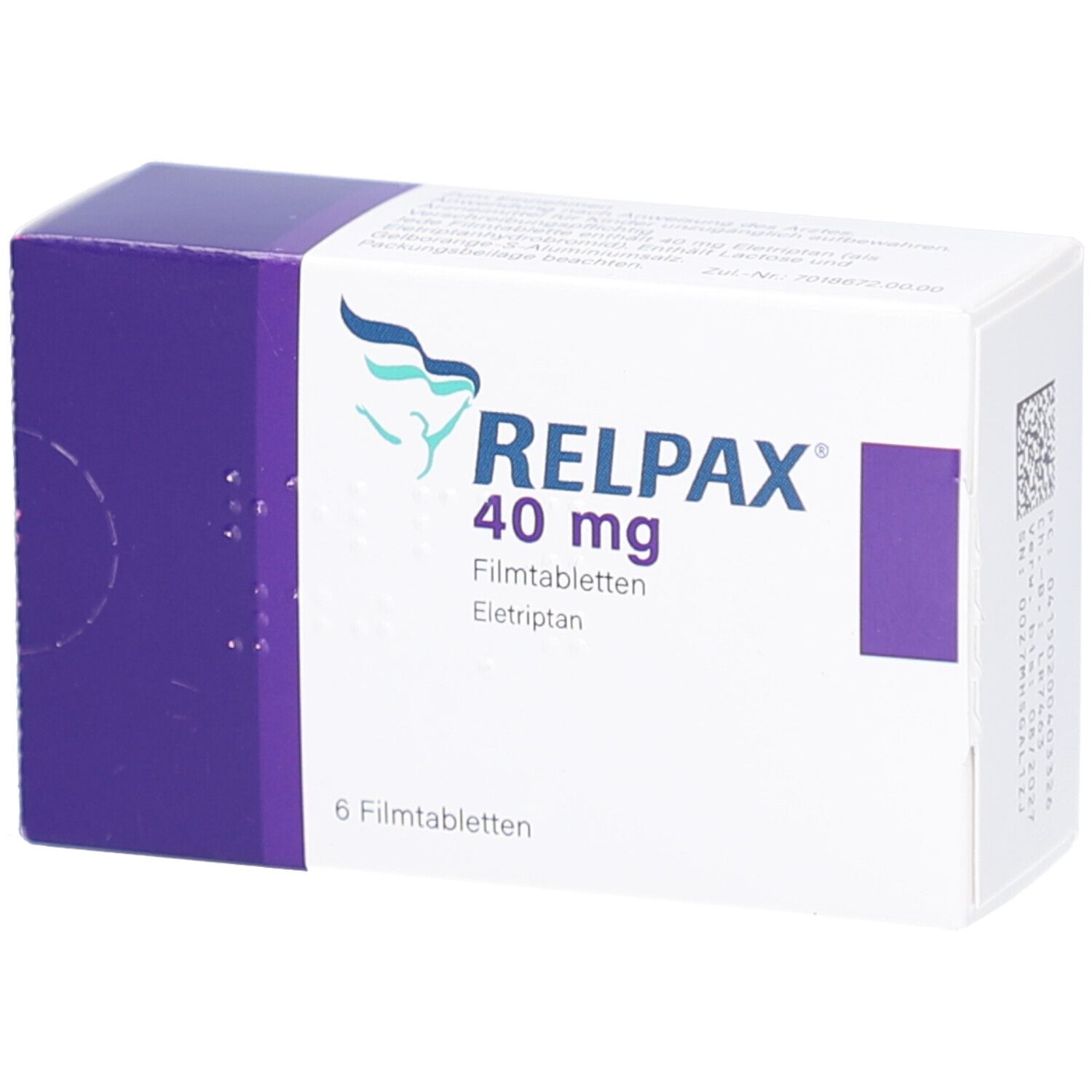 Schachtel mit RELPAX 40 mg Filmtabletten. Aufschrift: 6 Filmtabletten. Lila und weiße Verpackung mit Logo.