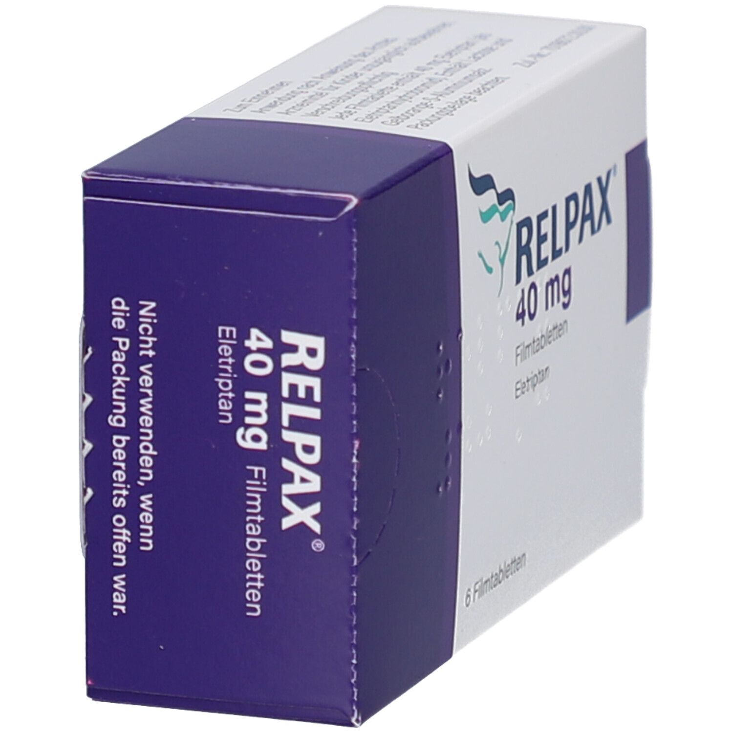 Schachtel mit RELPAX 40 mg Filmtabletten, schräg. Aufschrift: 6 Filmtabletten. Lila und weiße Verpackung mit Logo.