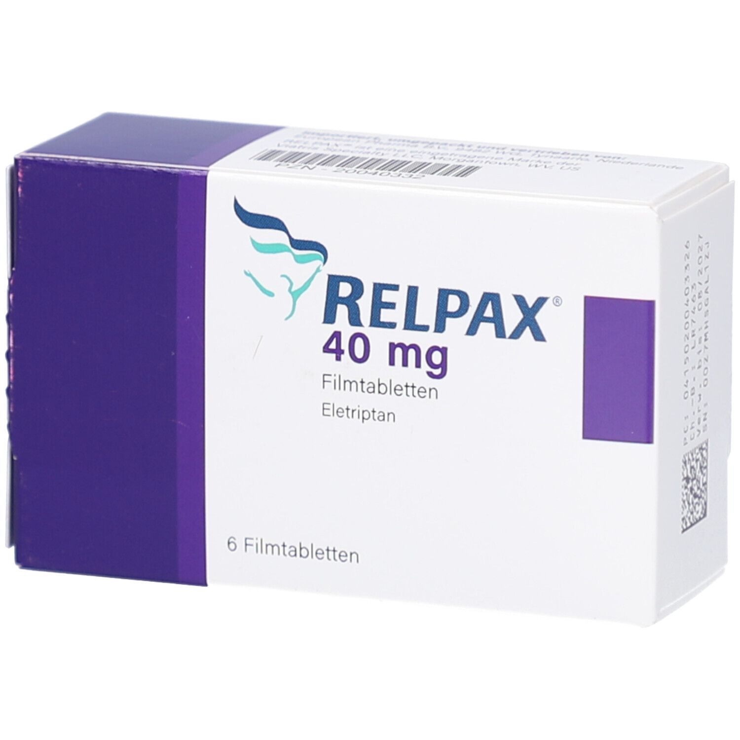 Schachtel mit RELPAX 40 mg Filmtabletten. Aufschrift: 6 Filmtabletten. Lila und weiße Verpackung mit Logo.
