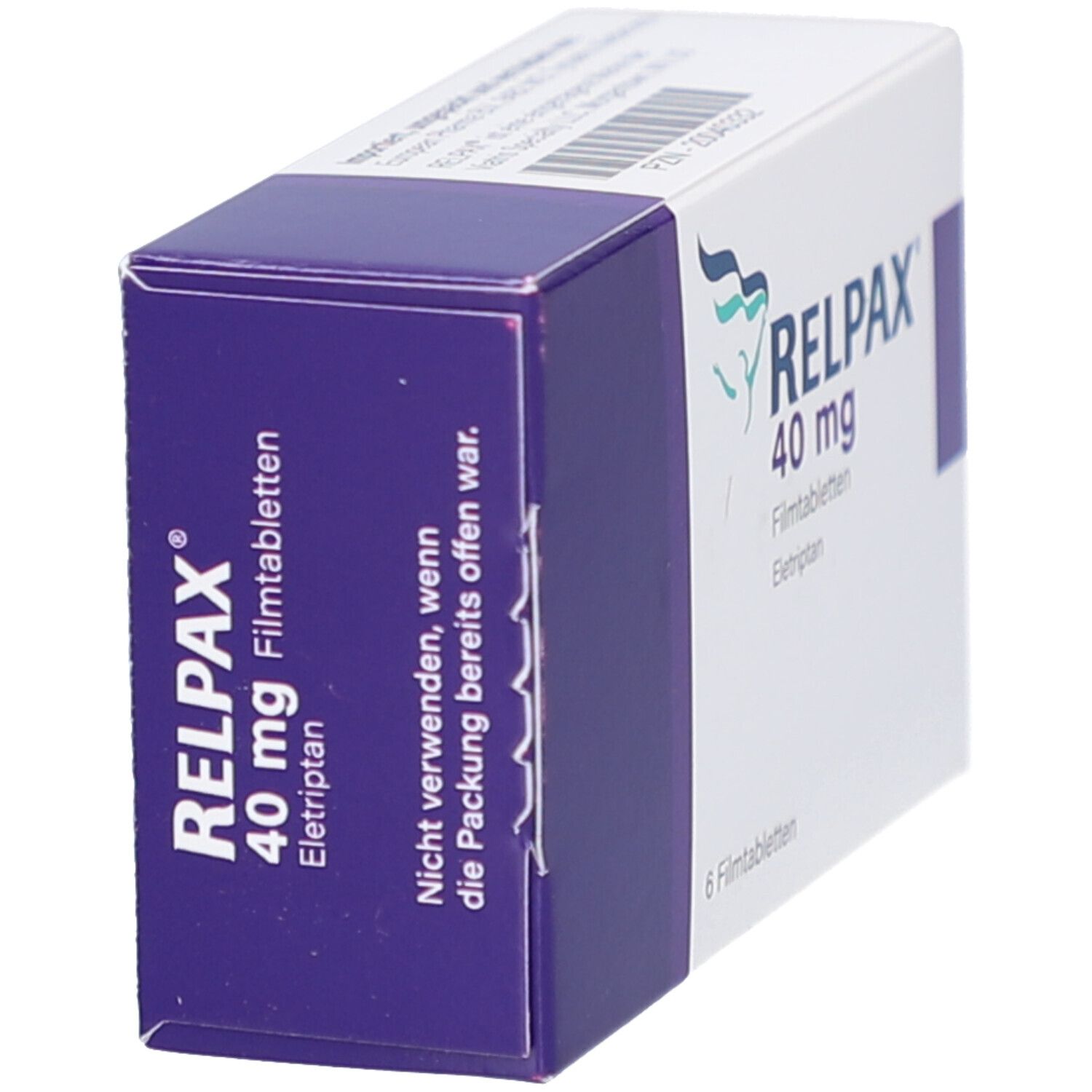 Schachtel mit RELPAX 40 mg Filmtabletten, schräg. Aufschrift: 6 Filmtabletten. Lila und weiße Verpackung mit Logo.