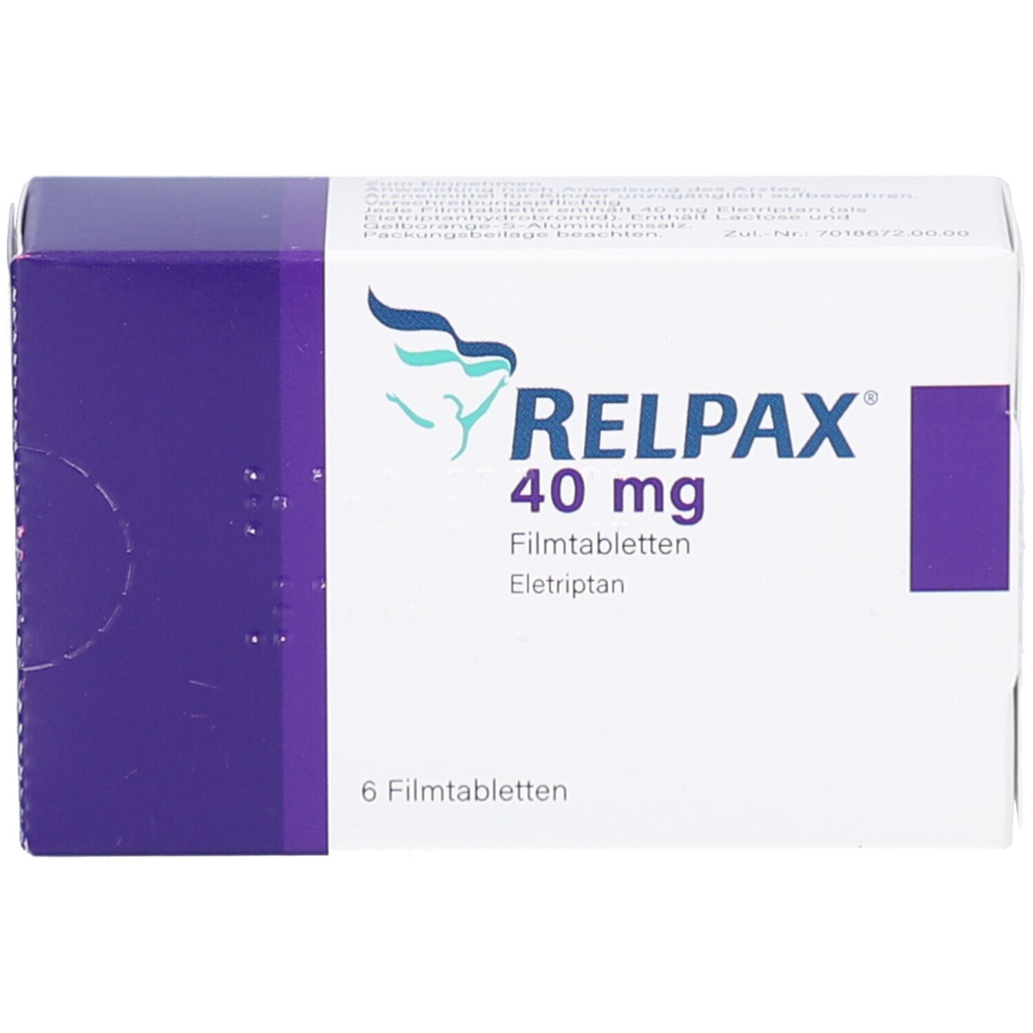 Schachtel mit RELPAX 40 mg Filmtabletten. Aufschrift: 6 Filmtabletten. Lila und weiße Verpackung mit Logo.