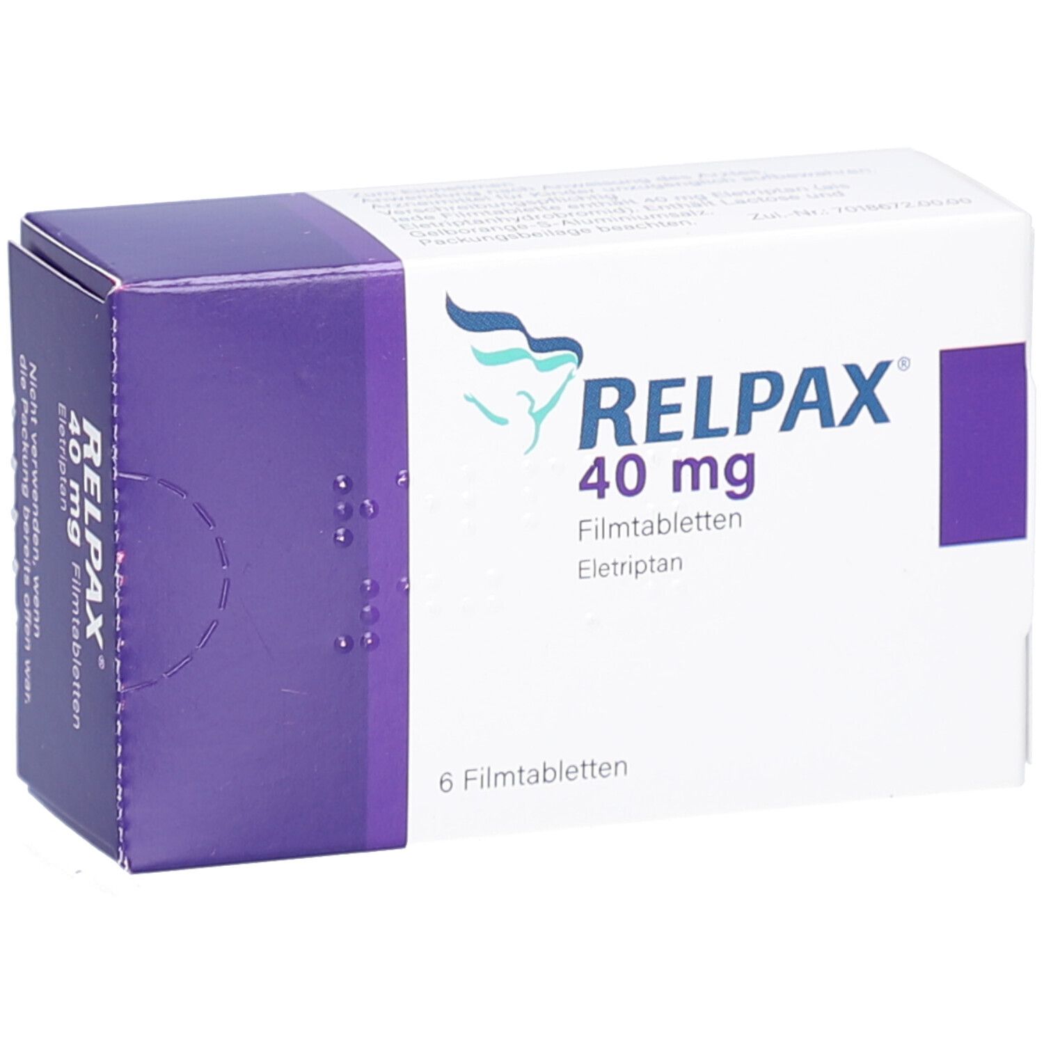 Schachtel mit RELPAX 40 mg Filmtabletten. Aufschrift: 6 Filmtabletten. Lila und weiße Verpackung mit Logo.