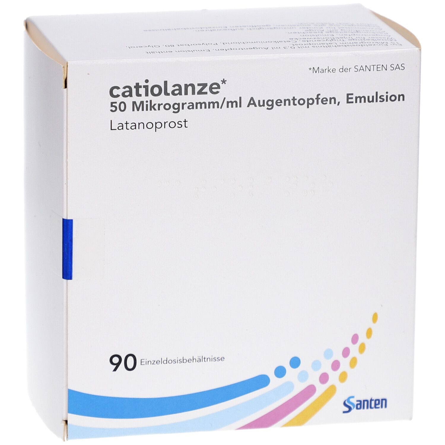 Weißer Karton mit 'catiolanze 50 Mikrogramm/ml Augentropfen, Emulsion'. Enthält 90 Einzeldosisbehältnisse. Marke Santen.