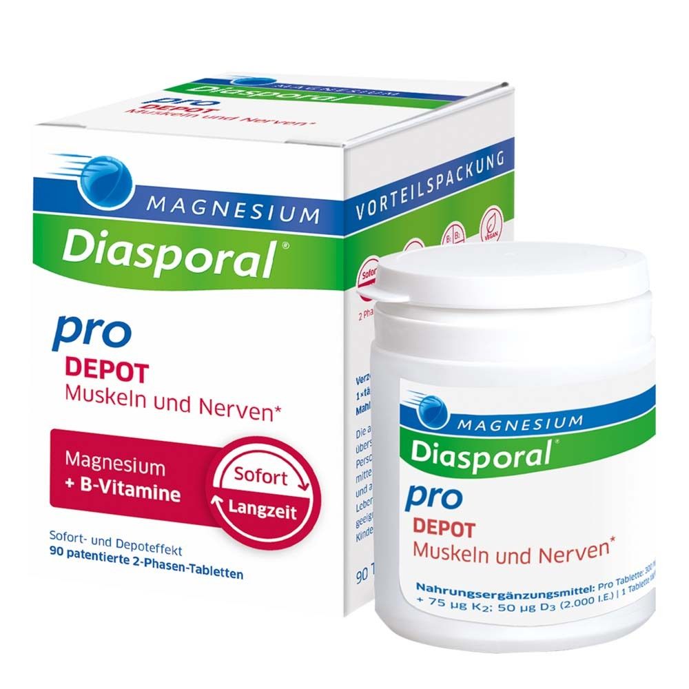 Weißer Karton und Dose mit Magnesium-Diasporal pro Depot. Enthält 90 Tabletten. Blaue, grüne und rote Elemente.