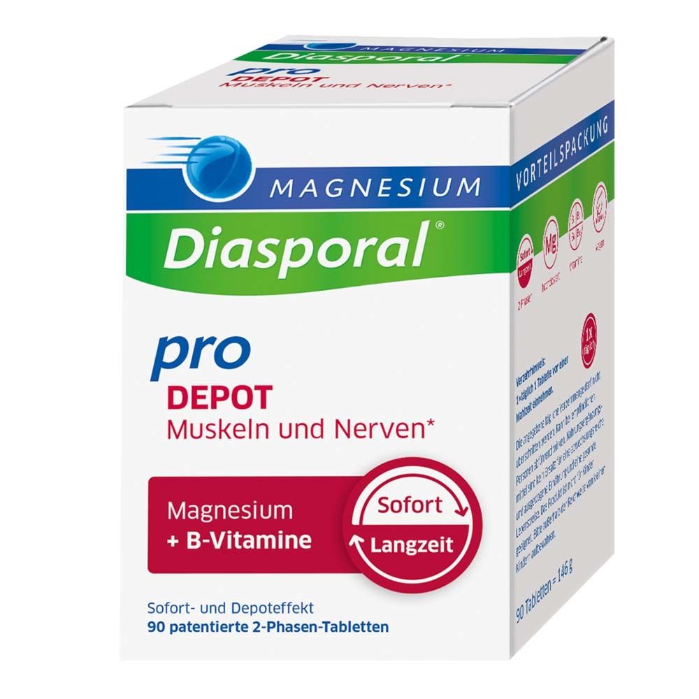 Weißer Karton mit Magnesium-Diasporal pro Depot. Enthält 90 Tabletten. Rote, blaue und grüne Elemente.