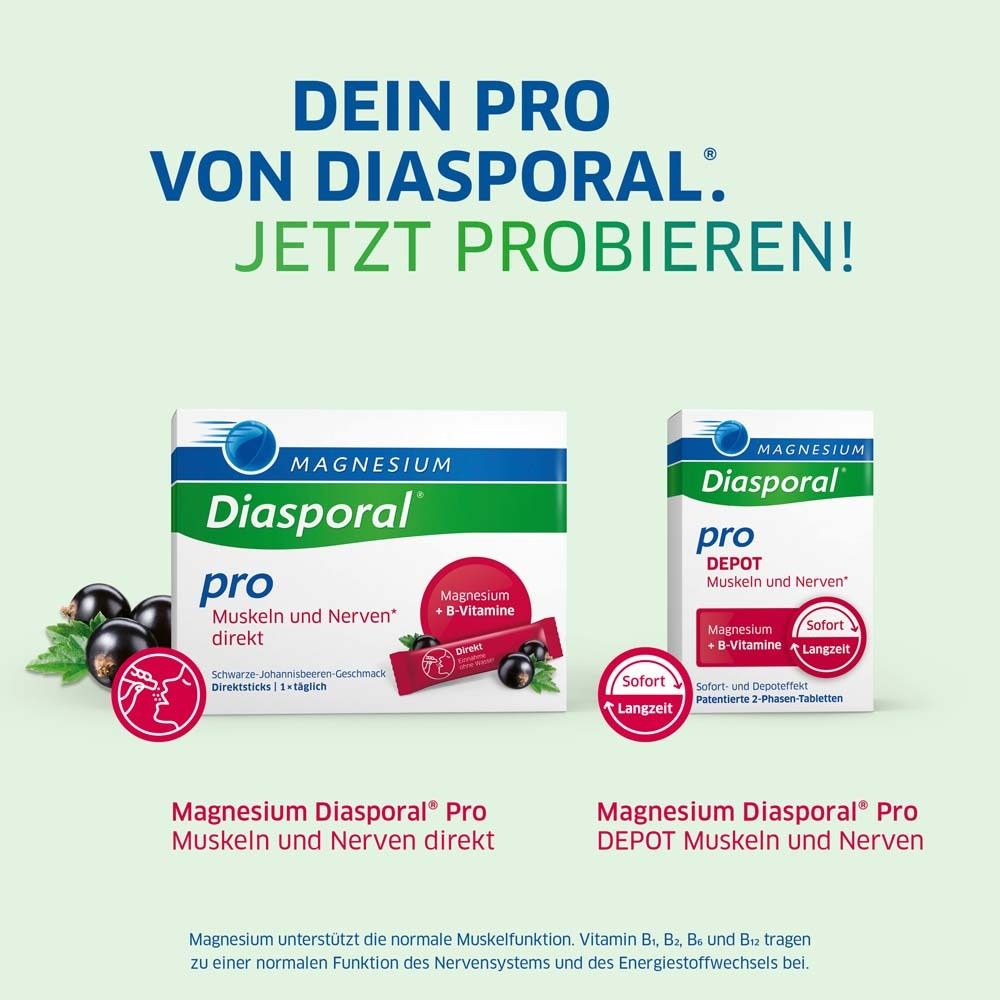 Zwei Packungen Magnesium-Diasporal pro Depot. Direkt und Depot. Mit Johannisbeeren. Sofort und Langzeit.