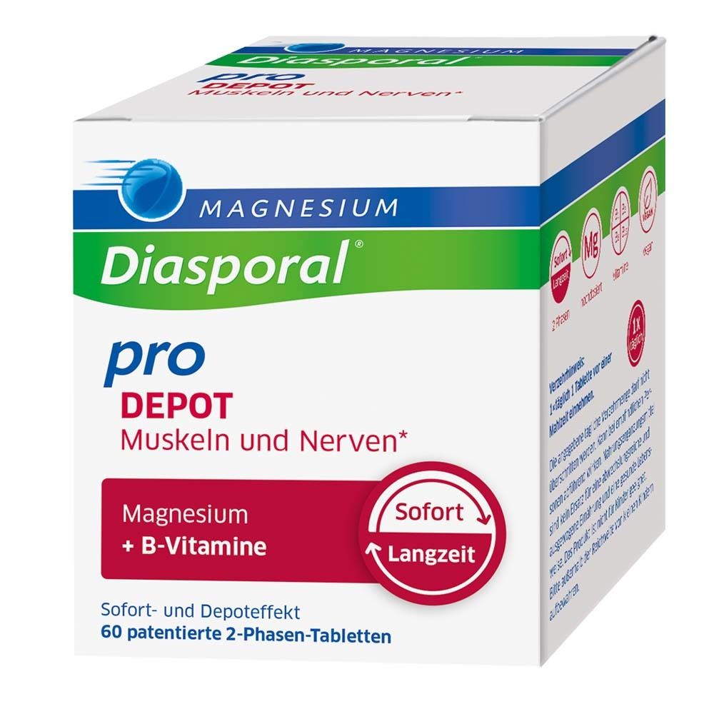 Weiße Schachtel mit Produktaufdruck. Magnesium-Diasporal Pro Depot Muskeln und Nerven. 60 Tabletten.