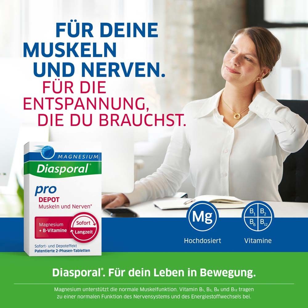 Frau am Schreibtisch. Schachtel Magnesium-Diasporal Pro Depot. Text: Für Muskeln und Nerven.
