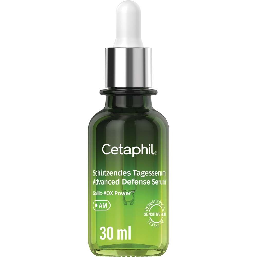 Grüne Glasflasche mit Pipette. Cetaphil® Schützendes Tagesserum, 30 ml. Dermatologisch getestet.