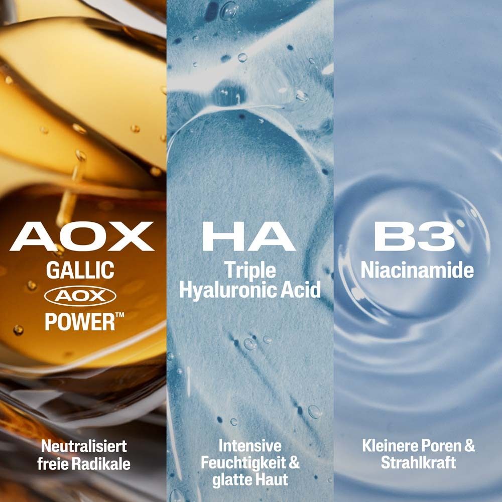 Drei Flüssigkeiten nebeneinander. AOX Gallic Power, HA Triple Hyaluronsäure, B3 Niacinamid.