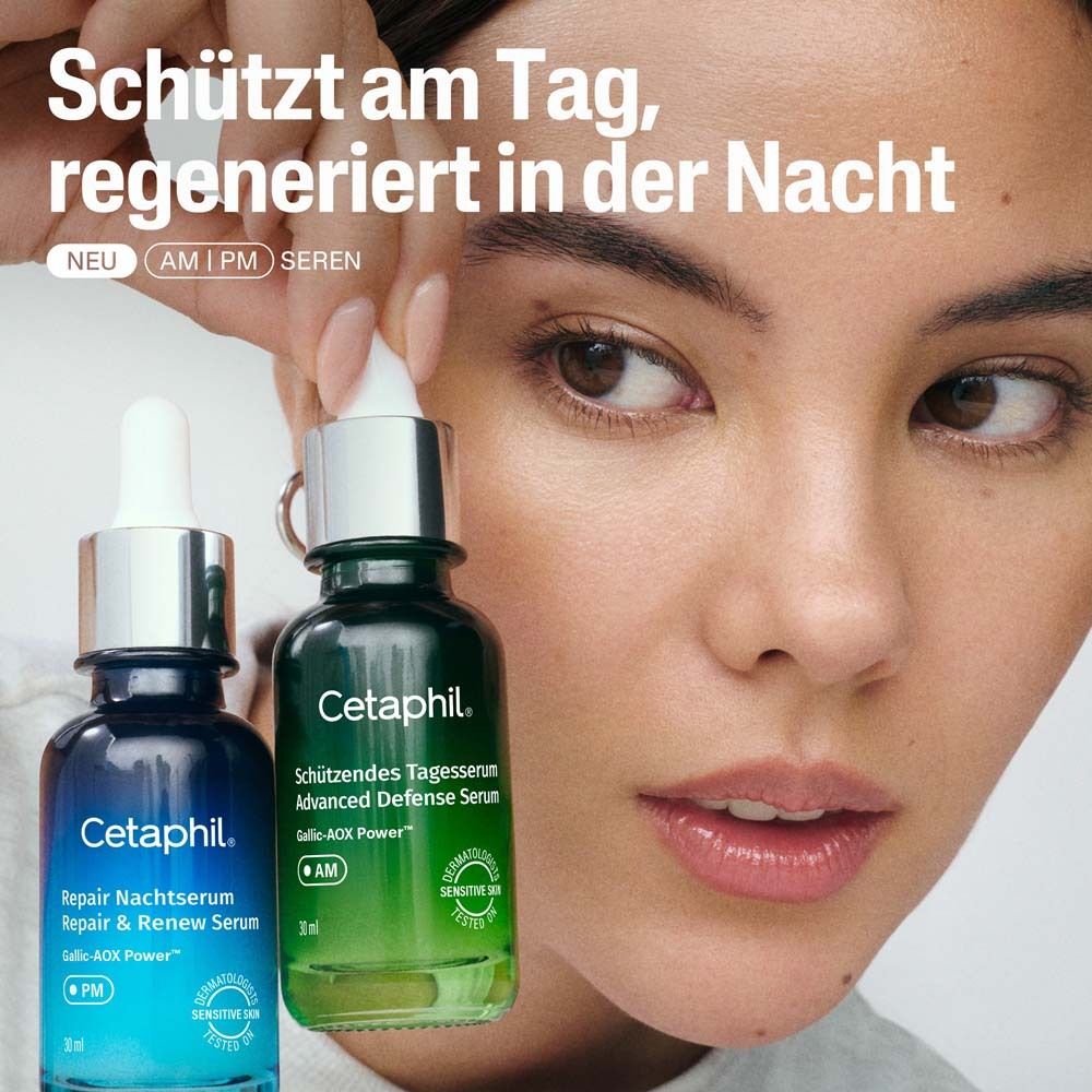 Zwei Flaschen. Text: Schützt am Tag, regeneriert in der Nacht. AM/PM Seren. Cetaphil® Produkte.