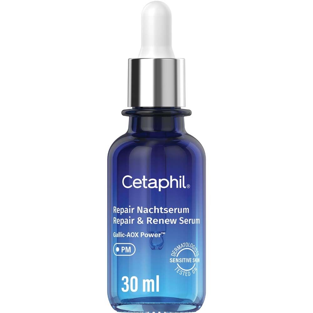 Blaues Serumfläschchen mit Pipette. Aufschrift: Cetaphil, Repair Nachtserum, 30 ml. Dermatologisch getestet.