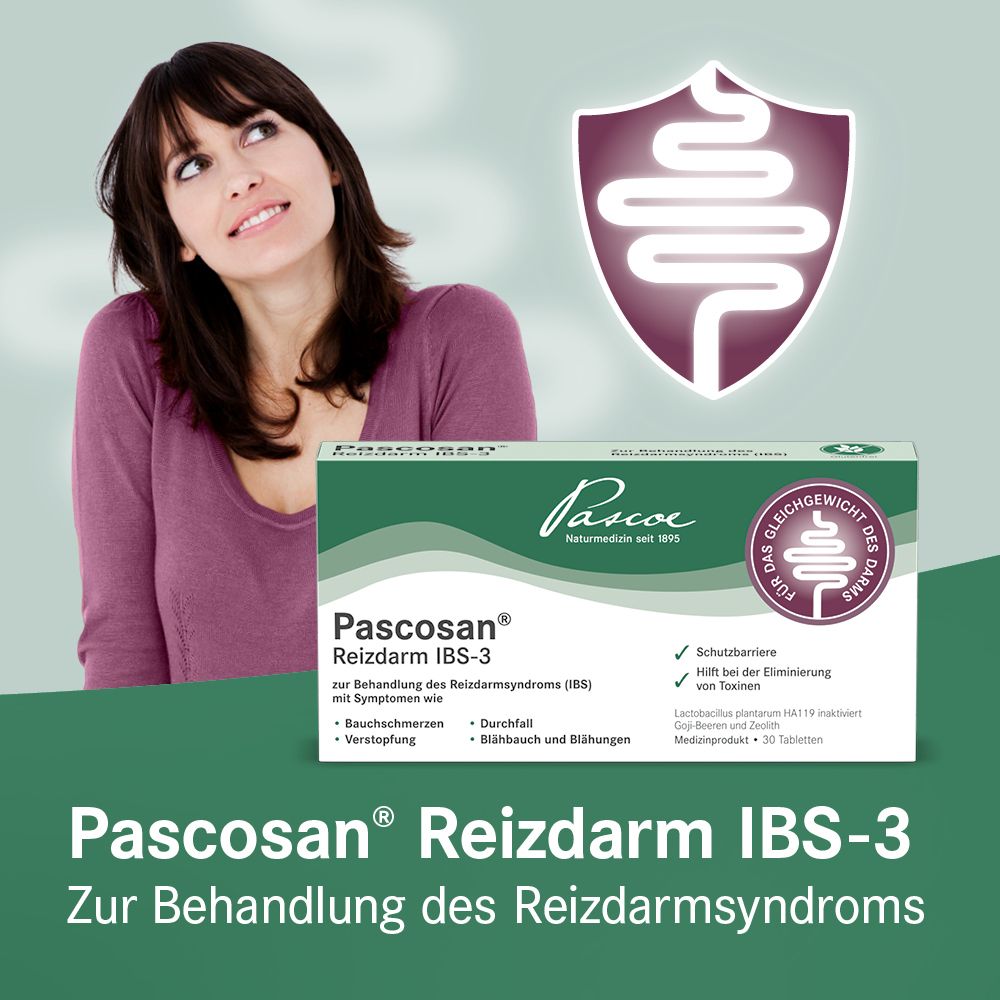 Frau blickt nach oben neben einer Packung Pascosan Reizdarm IBS-3.