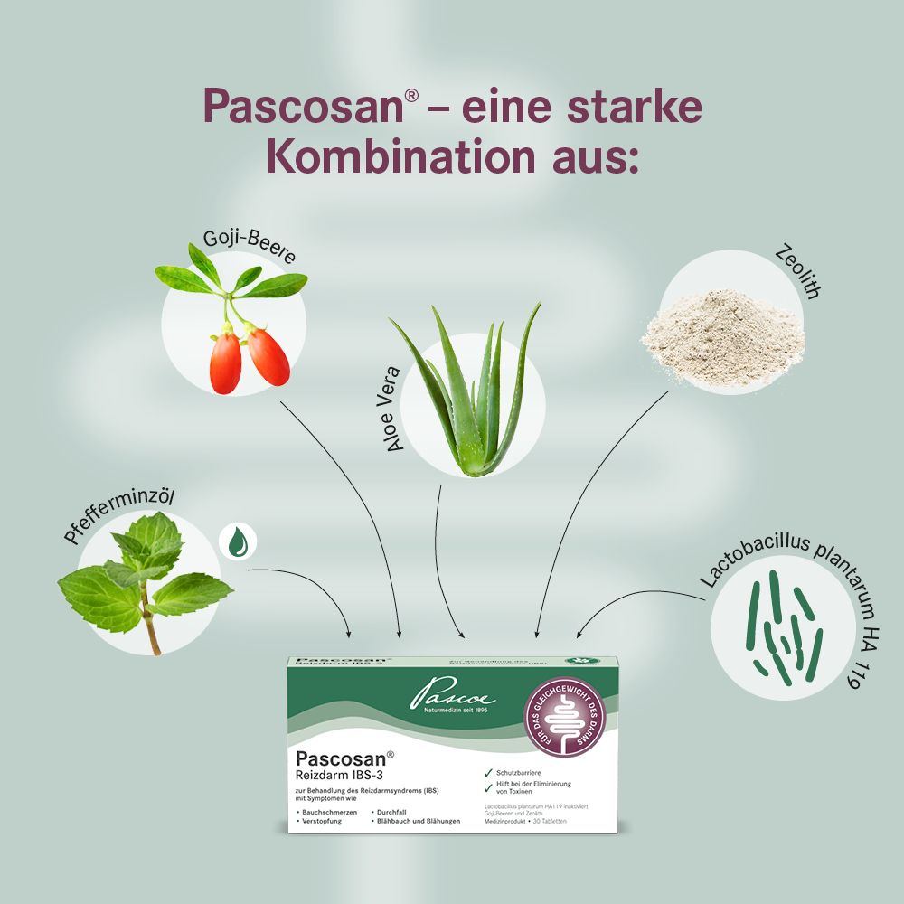 Pascosan Reizdarm IBS-3: Kombination aus Goji-Beeren, Aloe Vera, Zeolith, Pfefferminzöl, Lactobacillus.