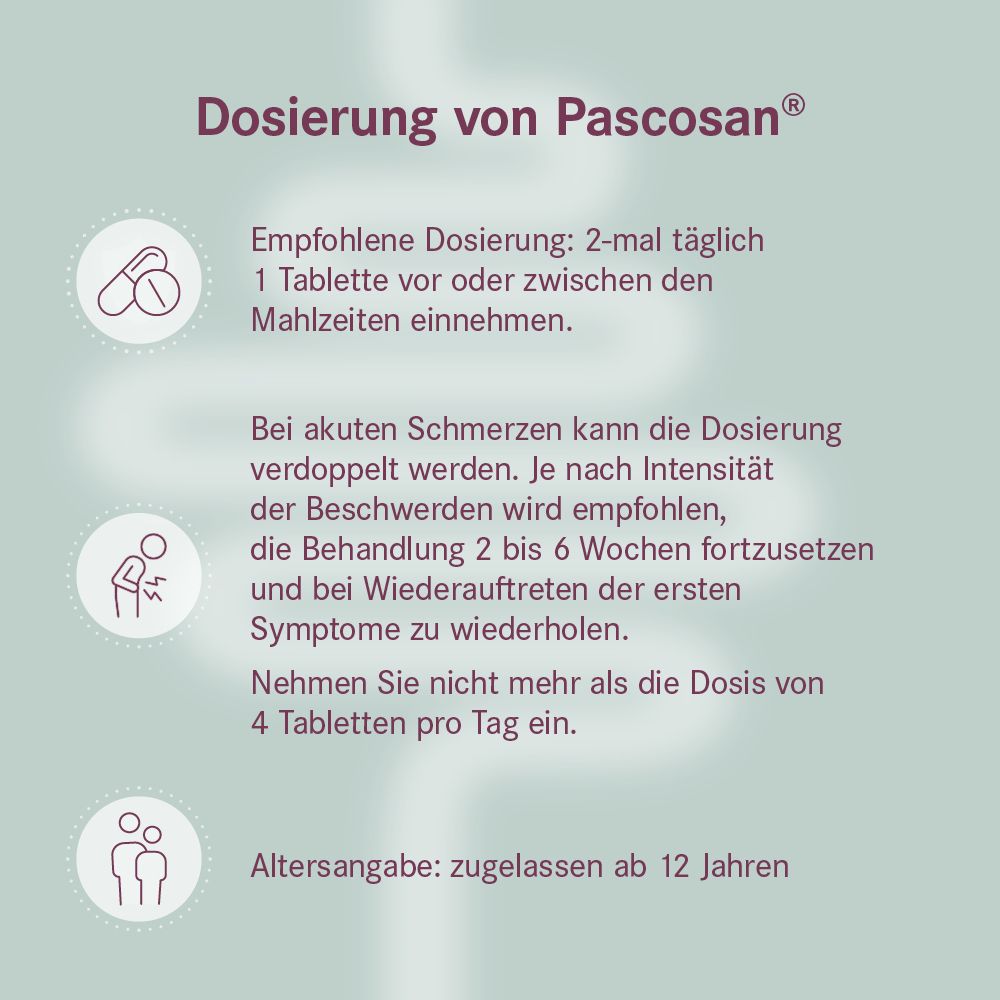 Dosierung von Pascosan: 2x täglich 1 Tablette. Zugelassen ab 12 Jahren.