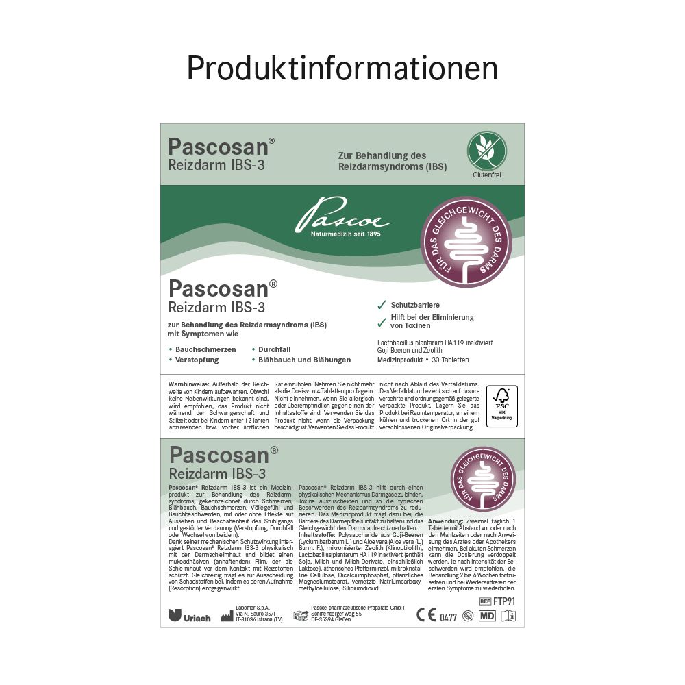 Produktinformationen Pascosan Reizdarm IBS-3: Packungsbeilage und Karton.