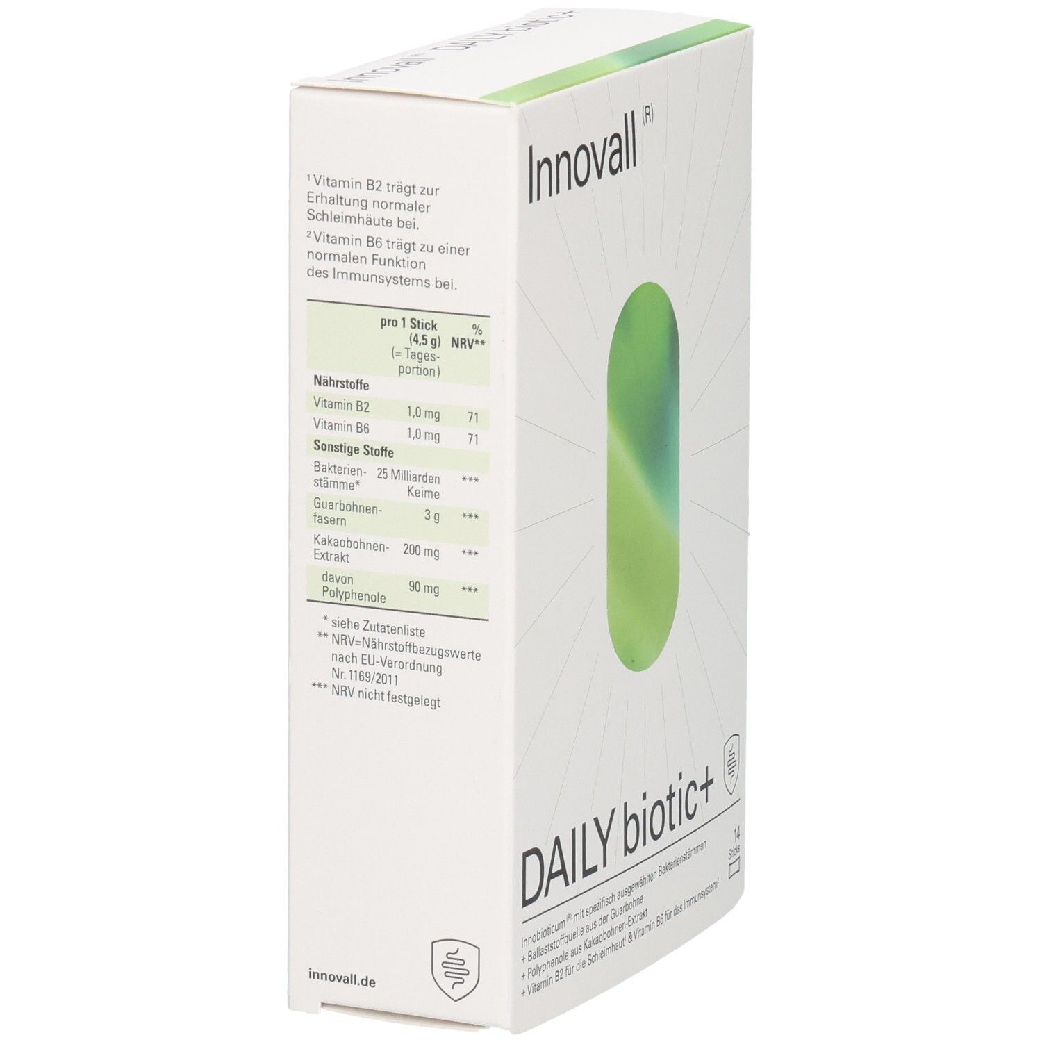 Weiße Schachtel, Seitenansicht. "Innovall DAILY biotic+". Nährwertangaben, Inhaltsstoffe, Logo. Grün-weißes ovales Design.