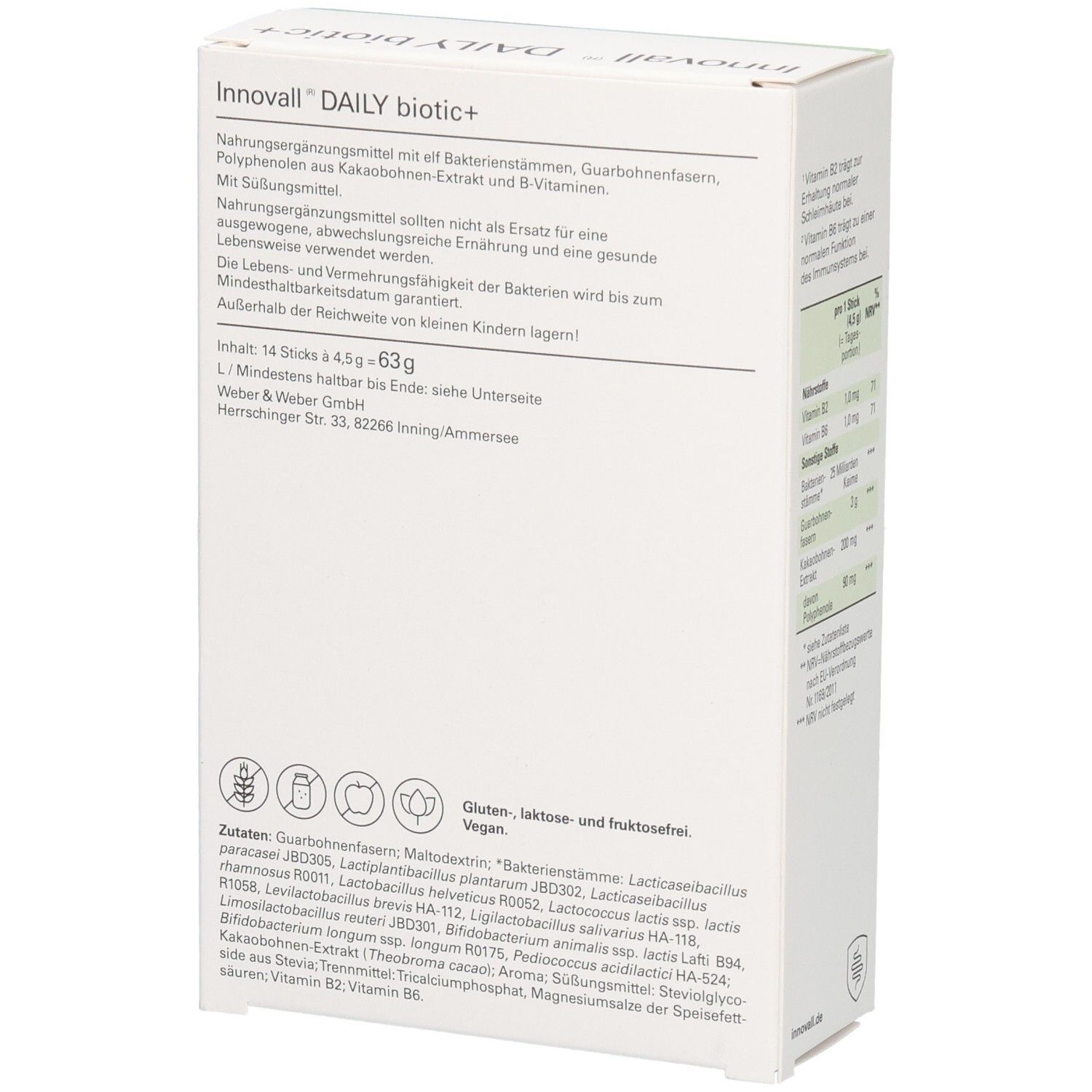 Rückseite der weißen Schachtel "Innovall DAILY biotic+". Inhaltsstoffe, Herstellerinformationen, Logos. Gluten-, laktose-, fruktosefrei.