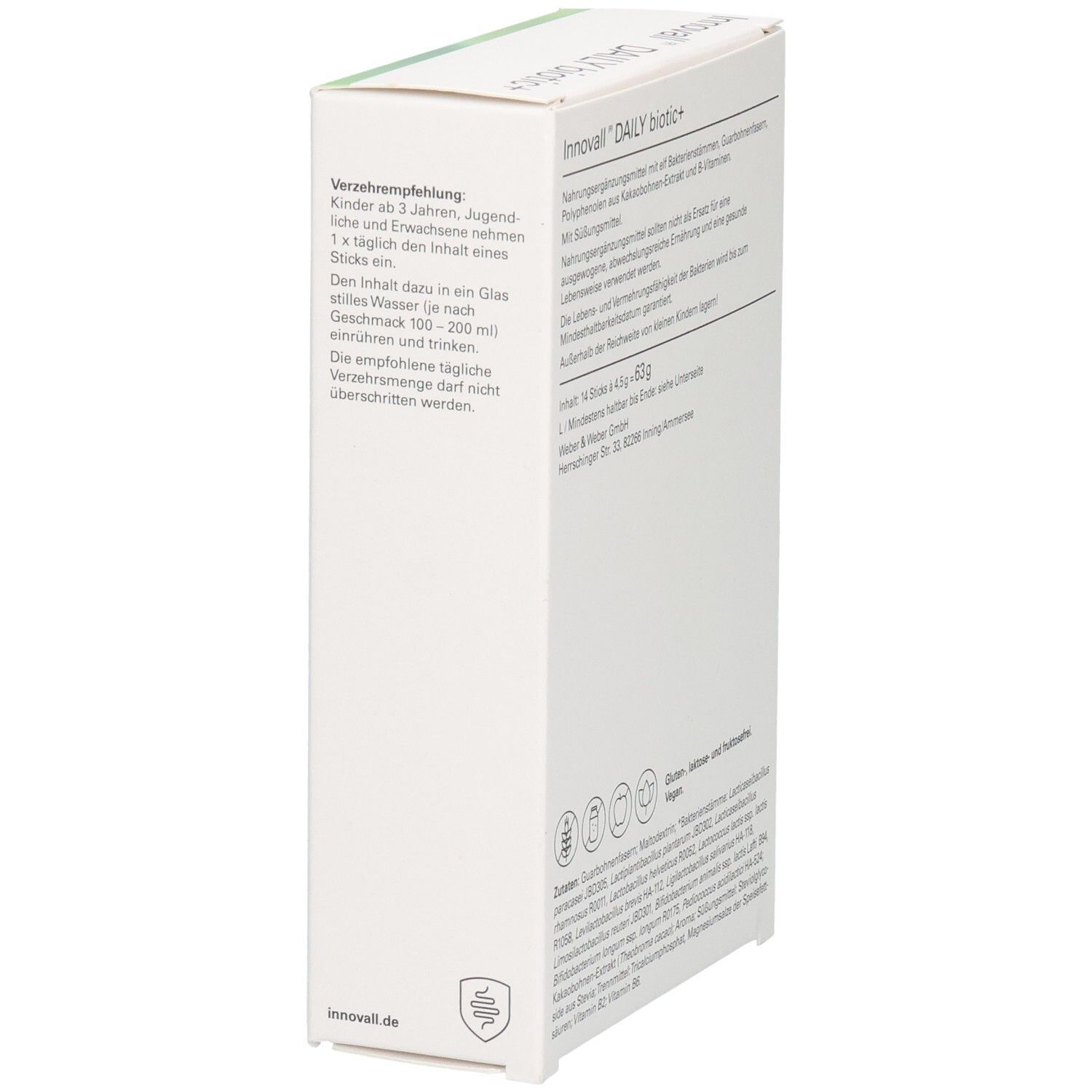 Weiße Schachtel, Seitenansicht. "Innovall DAILY biotic+". Verzehrempfehlung, Logos. Grün-weißes ovales Design.