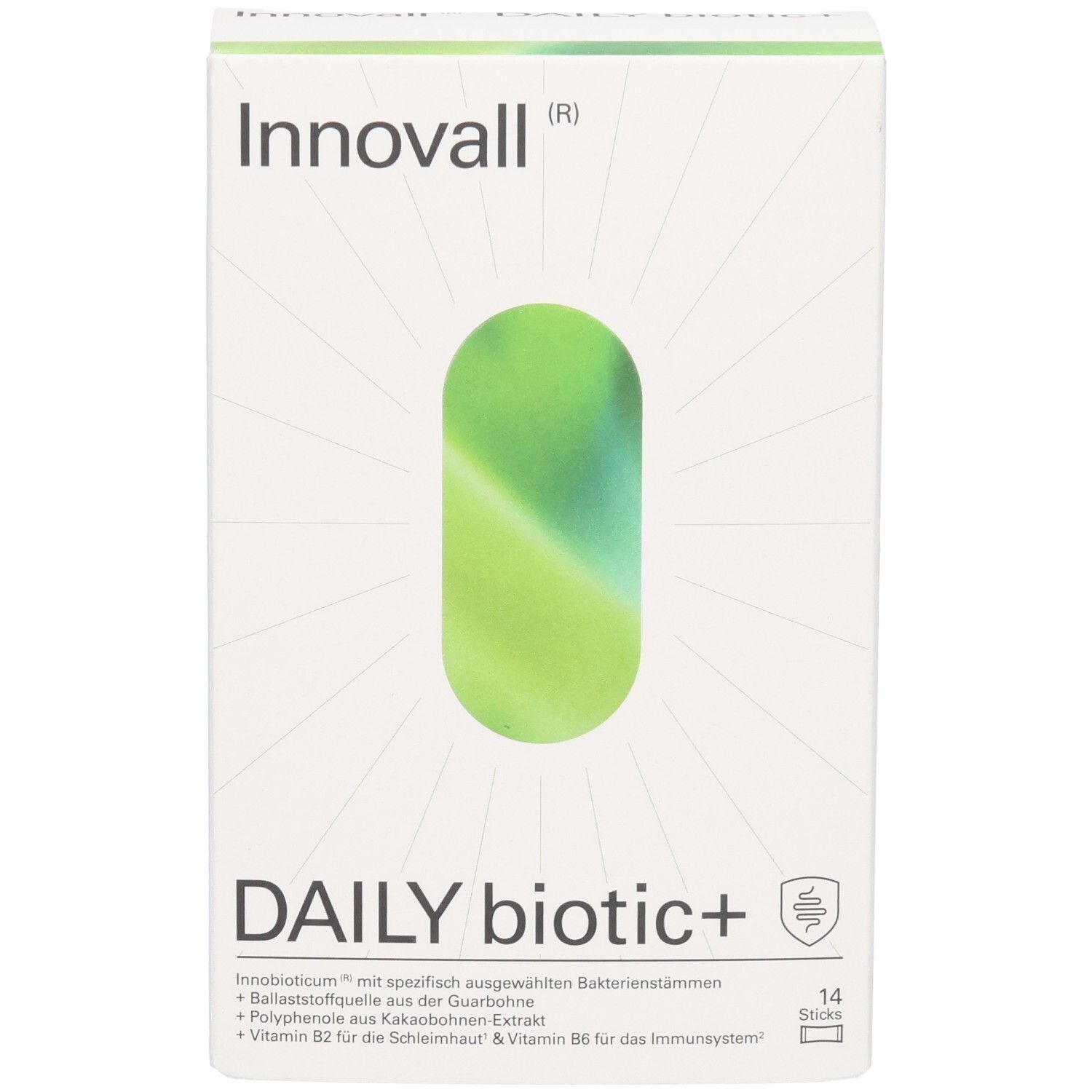 Weiße Schachtel "Innovall DAILY biotic+". Grün-weißes ovales Design. 14 Sticks. Logo und Produktinformationen.