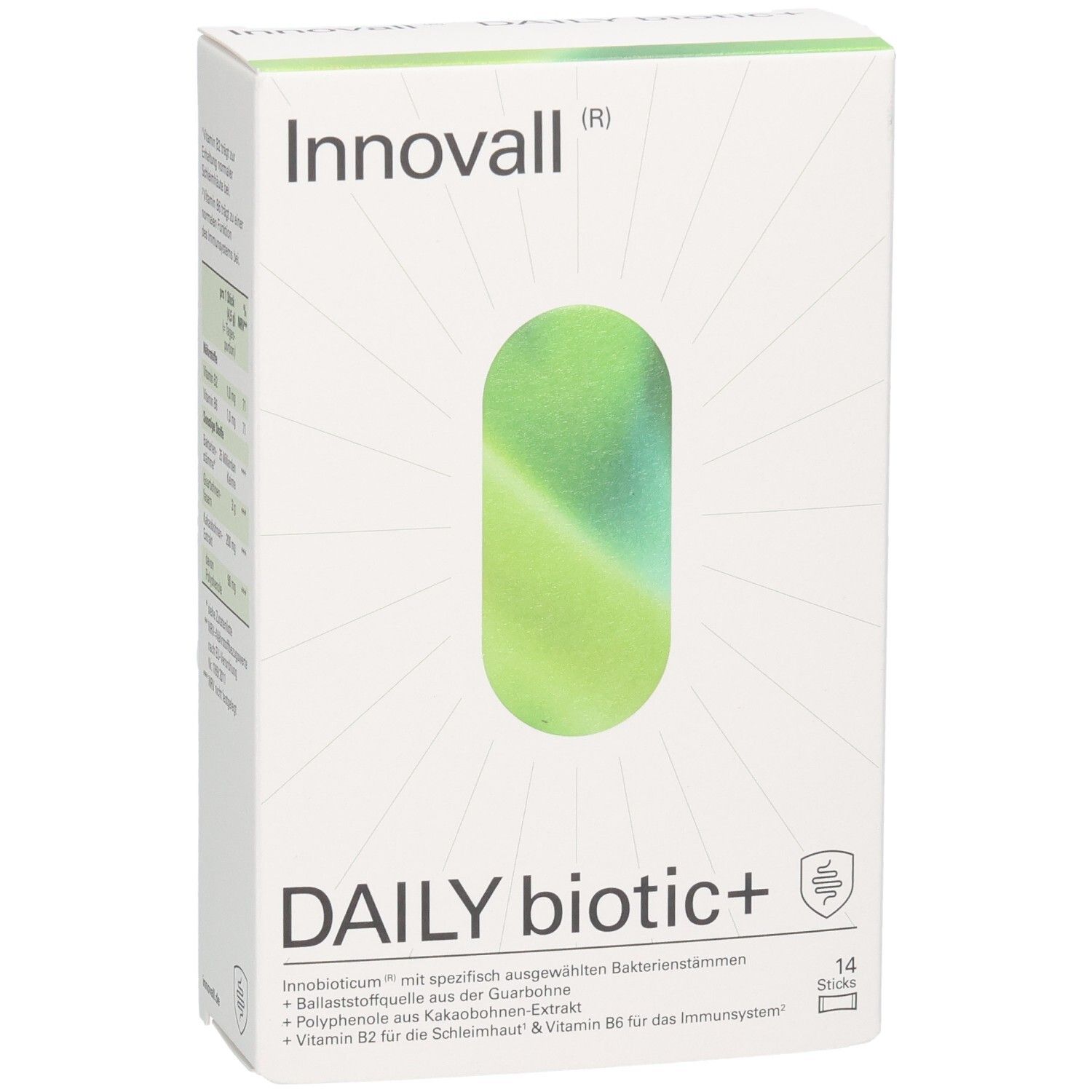 Weiße Schachtel "Innovall DAILY biotic+". Grün-weißes ovales Design. 14 Sticks. Logo und Produktinformationen.