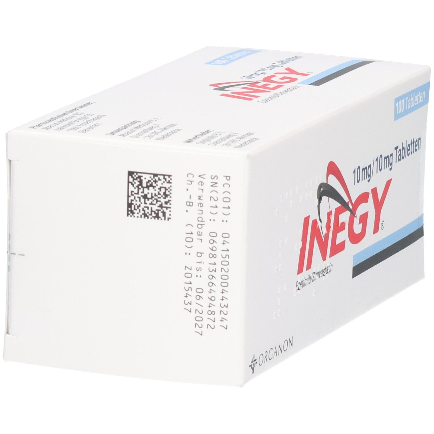 Weiße INEGY-Tabletten-Packung, Seitenansicht. Text und Barcode. Organon-Logo. Text: 10 mg/10 mg Tabletten, 100 Tabletten.