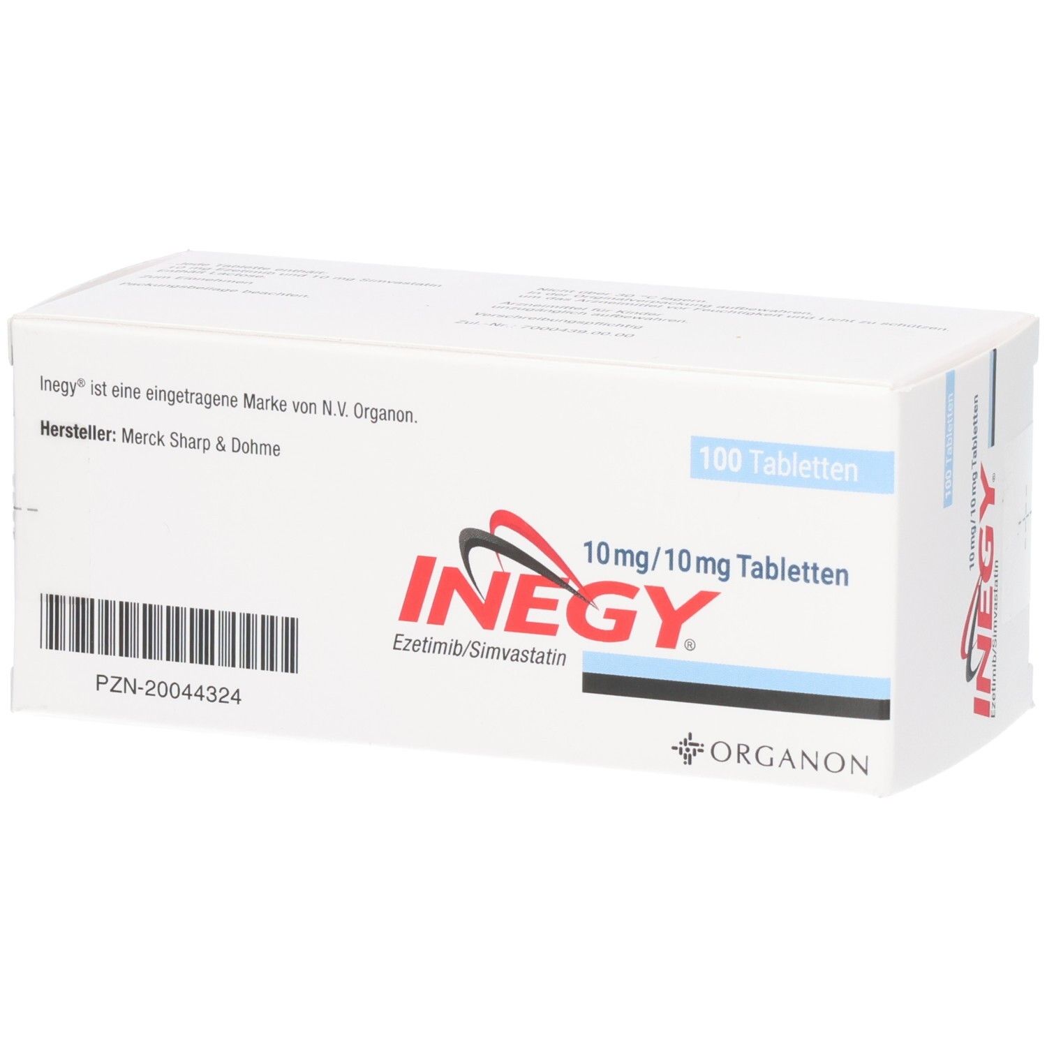 Weiße INEGY-Tabletten-Packung. Rotes und schwarzes INEGY-Logo. Text: 10 mg/10 mg Tabletten, 100 Tabletten. Organon-Logo.