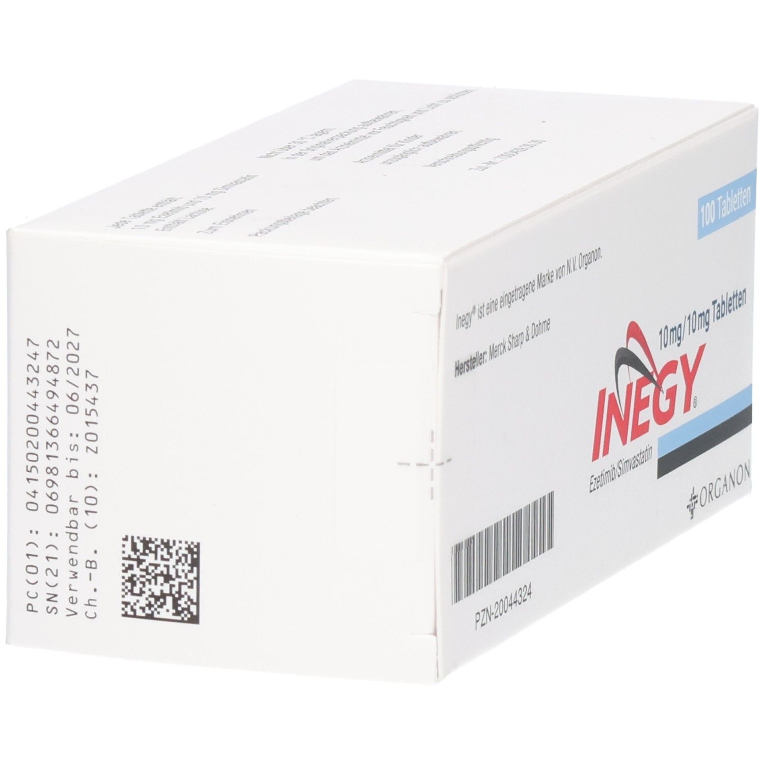 Weiße INEGY-Tabletten-Packung, Seitenansicht. Text und Barcode. Organon-Logo. Text: 10 mg/10 mg Tabletten, 100 Tabletten.
