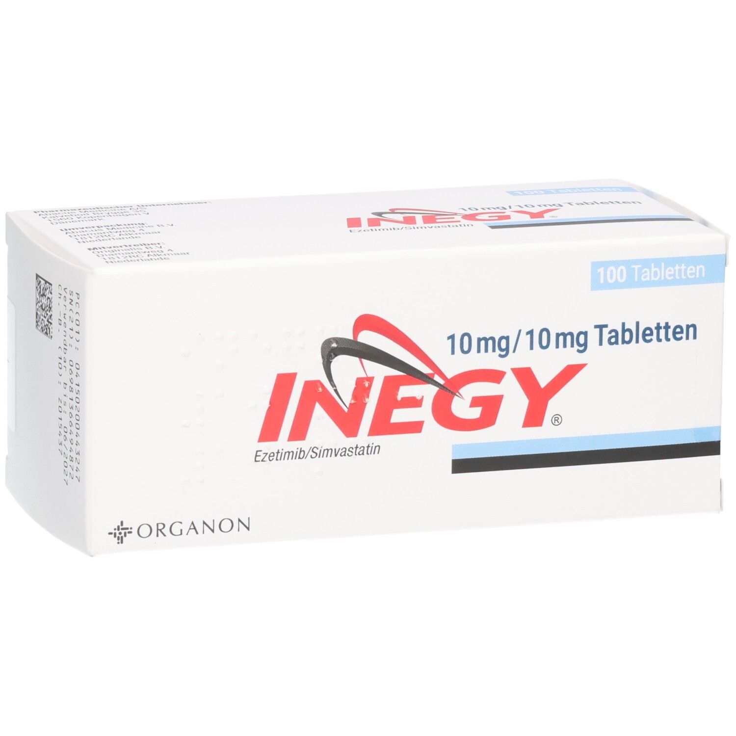 Weiße INEGY-Tabletten-Packung. Rotes und schwarzes INEGY-Logo. Text: 10 mg/10 mg Tabletten, 100 Tabletten. Organon-Logo.