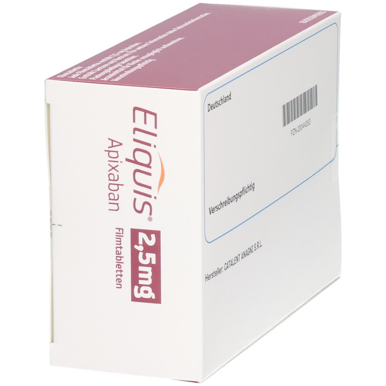 Packung von Eliquis 2,5 mg Filmtabletten, Seite mit Produktnamen und Dosierung.