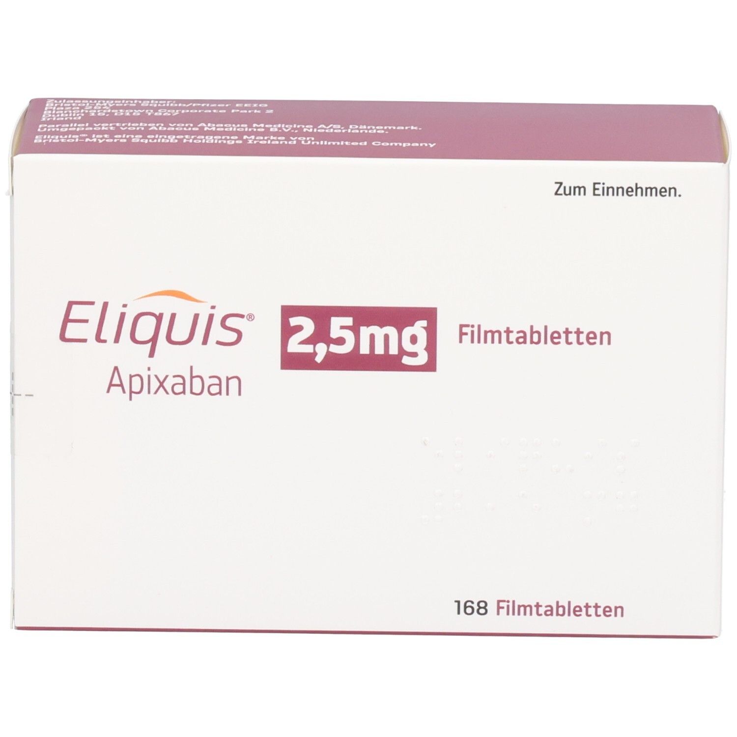 Packung von Eliquis 2,5 mg Filmtabletten, Vorderseite mit Produktnamen, Dosierung und Stückzahl.