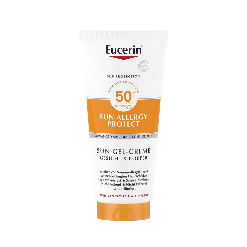 Weiße Tube mit orangefarbenem Deckel. Aufschrift: Eucerin, Sun Allergy Protect, LSF 50+, Sun Gel-Creme Gesicht & Körper.