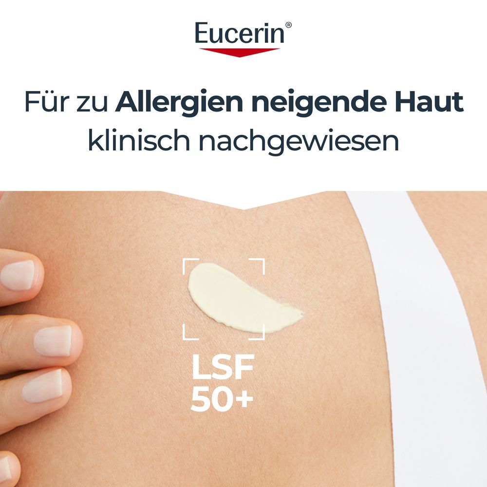 Haut mit Creme. Text: Für zu Allergien neigende Haut klinisch nachgewiesen. LSF 50+.