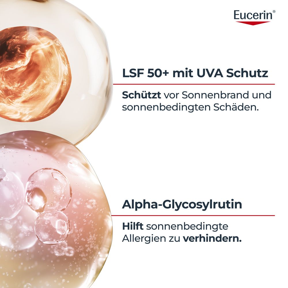 Text und Abbildungen. Text: LSF 50+ mit UVA Schutz. Schützt vor Sonnenbrand und sonnenbedingten Schäden. Alpha-Glycosylrutin.